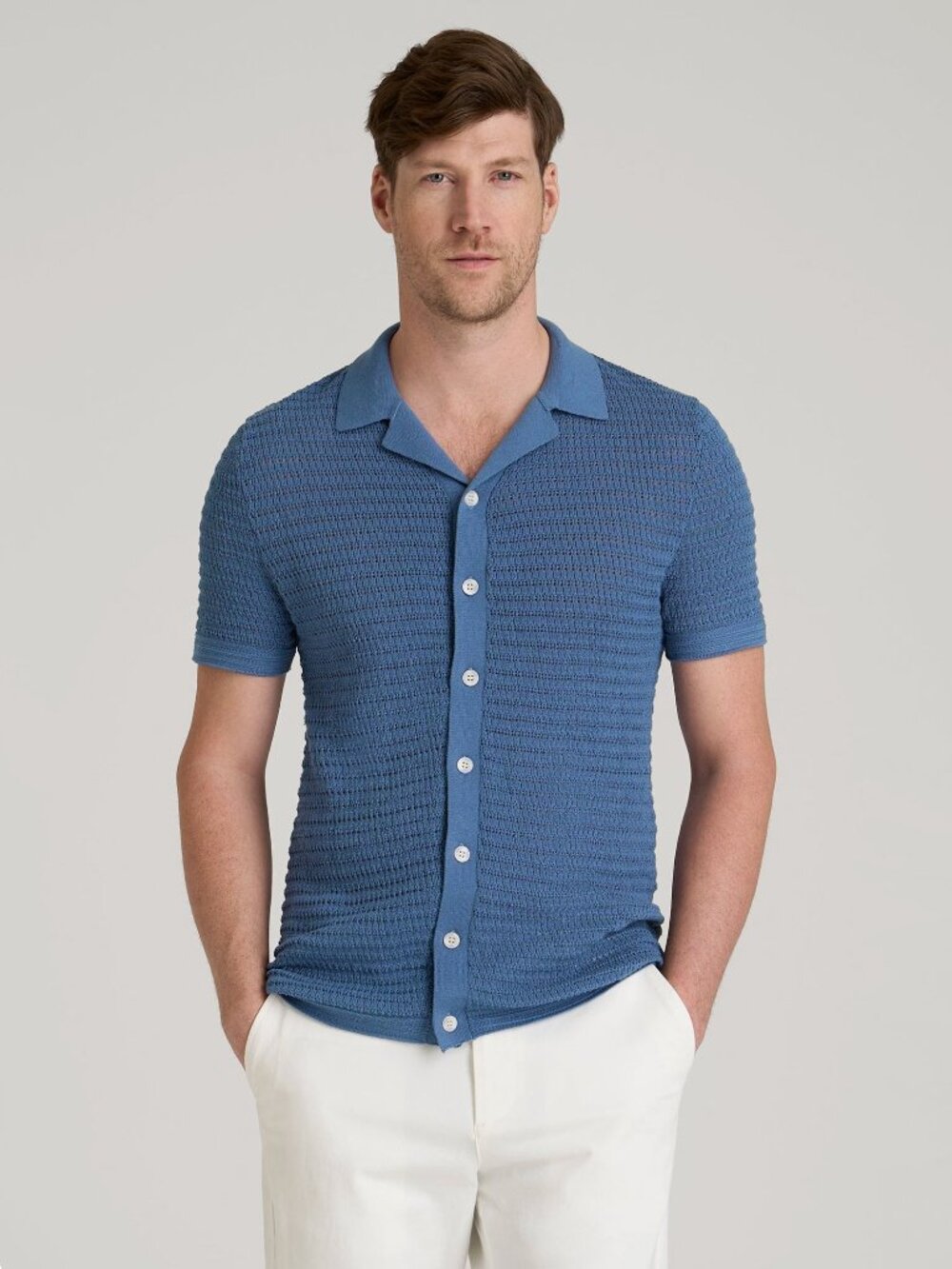 American Tall Short Sleeve Crochet Polo Cardigan for Tall Men in Deep Cobalt Siz